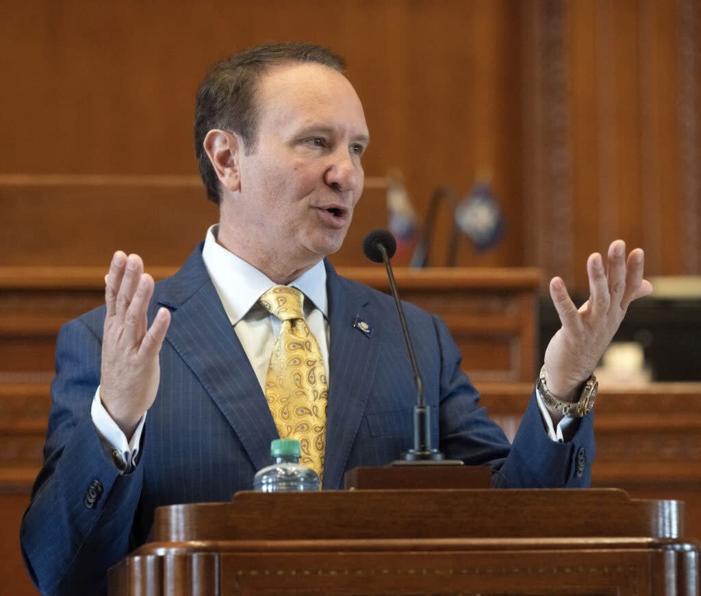 Louisiana Gov. Jeff Landry delivers his address to state lawmakers on opening day of the regular legislative session, Monday, March 11, 2024, at the Louisiana State Capitol in Baton Rouge.