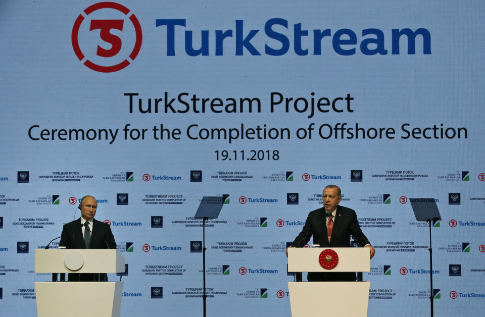Russian President Vladimir Putin, left, and Turkey's President Recep Tayyip Erdogan, attend an event marking the completion of the offshore part of TurkStream natural gas pipeline that will carry natural gas from Russia to Turkey, in Istanbul, Monday, Nov. 19, 2018. The two 930-kilometer (578-mile) lines when finished are expected to carry 31.5 billion cubic meters (1.1 trillion cubic feet) of Russian natural gas annually to European markets, through Turkish territories.(AP Photo/Lefteris Pitarakis)