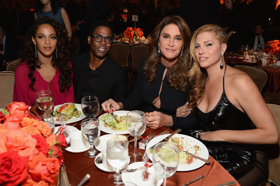 BEVERLY HILLS, CA - FEBRUARY 14:  (L-R) Malaak Compton Rock, comedian Chris Rock and tv personalities Caitlyn Jenner and Candis Cayne  attend the 2016 Pre-GRAMMY Gala and Salute to Industry Icons honoring Irving Azoff at The Beverly Hilton Hotel on February 14, 2016 in Beverly Hills, California.  (Photo by Michael Kovac/WireImage)