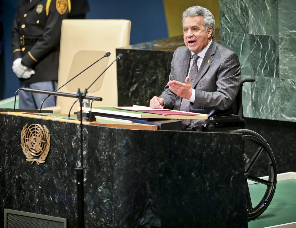 Ecuador's President Lenin Moreno Garcés, address the United Nations General Assembly, Tuesday Sept. 25, 2018 at U.N. headquarters. (AP Photo/Bebeto Matthews)