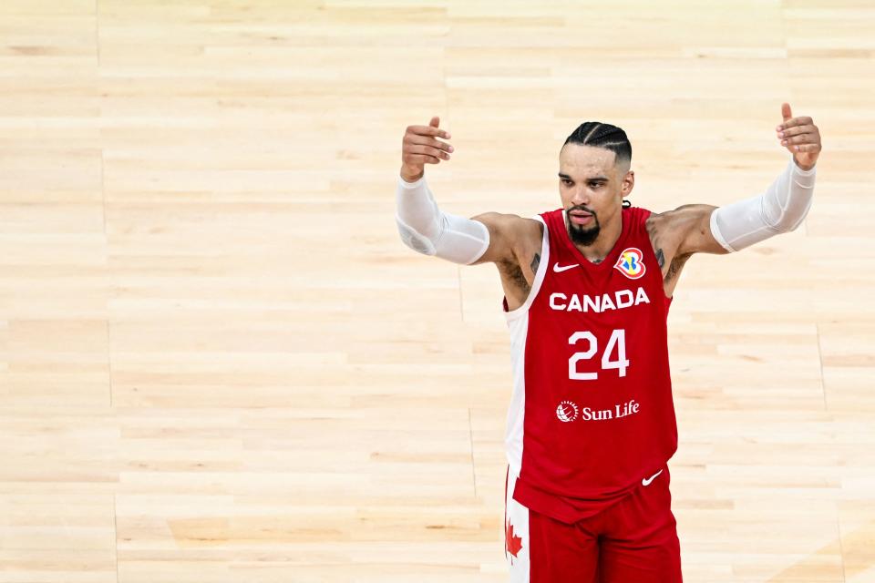 Canada's Dillon Brooks celebrates victory at the end of the FIBA Basketball World Cup game for third place between Canada and USA in Manila on September 10, 2023. (Photo by SHERWIN VARDELEON / AFP) (Photo by SHERWIN VARDELEON/AFP via Getty Images)