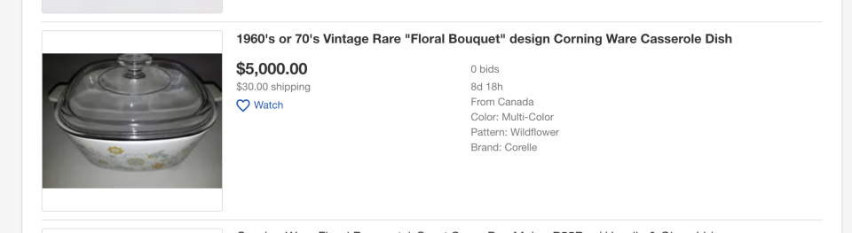 Floral Bouquet CorningWare design on eBay for $5,000. Source: eBay