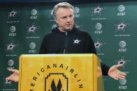 The Dallas Stars interim coach Rick Bowness speaks during a news conference after the team fired second-year coach Jim Montgomery on Tuesday, Dec. 10, 2019, for what the team called unprofessional conduct. General manager Jim Nill said Montgomery had acted inconsistently with "core values and beliefs of the Dallas Stars and the National Hockey League." He did not elaborate. (AP Photo/Schuyler Dixon)