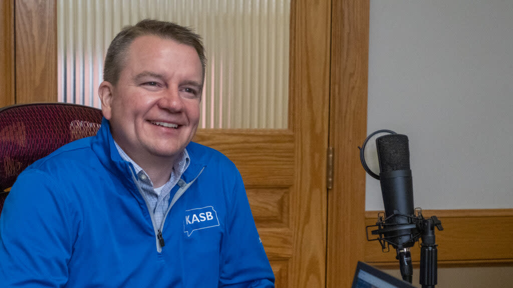 Brian Jordan, executive director of the Kansas Association of School Boards, appears for a March 3, 2023, podcast recording at the Kansas Reflector office in Topeka