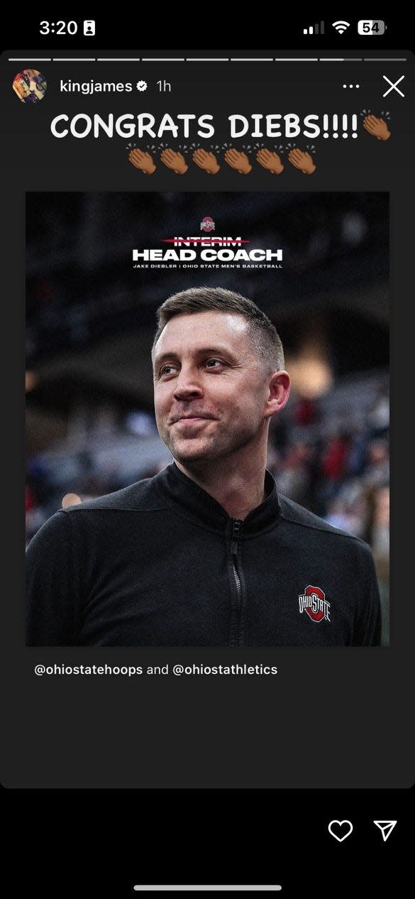 In a post to Instagram, LeBron James congratulated Jake Diebler for being named Ohio State's head men's basketball coach.