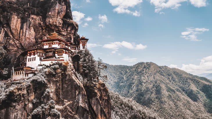 The 17th-century Paro Taktsang monastery, built into a Paro Valley cliff--a must-see on the Trans-Bhutan Trail