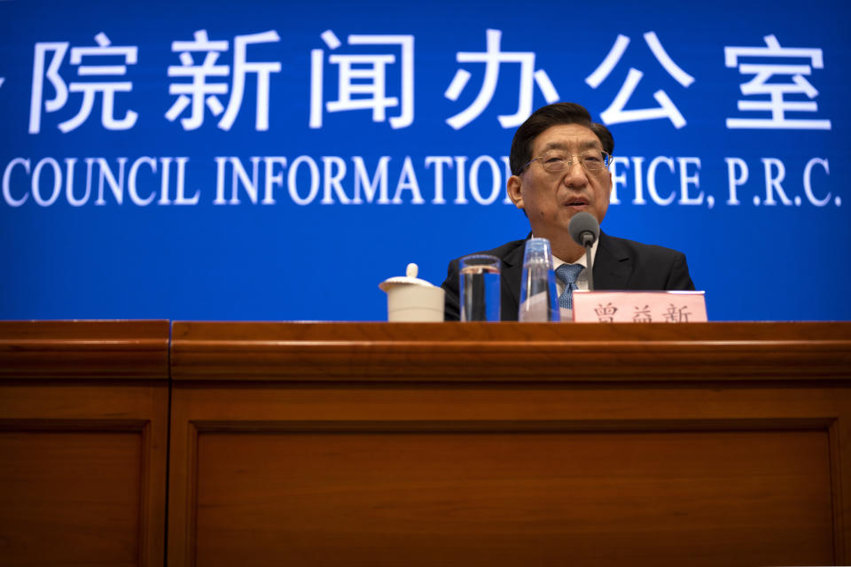 Zeng Yixin, Vice Minister of China's National Health Commission, speaks at a press conference at the State Council Information Office in Beijing, Thursday, July 22, 2021. China cannot accept the World Health Organization's plan for the second phase of a study into the origins of COVID-19, a senior Chinese health official said Thursday. (AP Photo/Mark Schiefelbein)