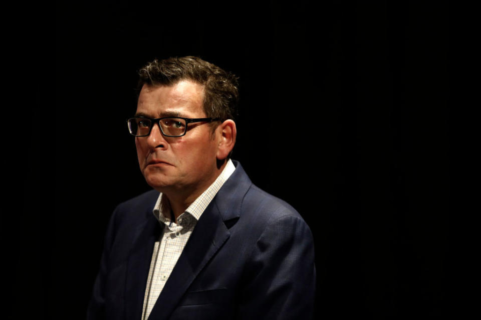 Victoria Premier Daniel Andrews looks on during the media at the daily briefing. Source: Getty