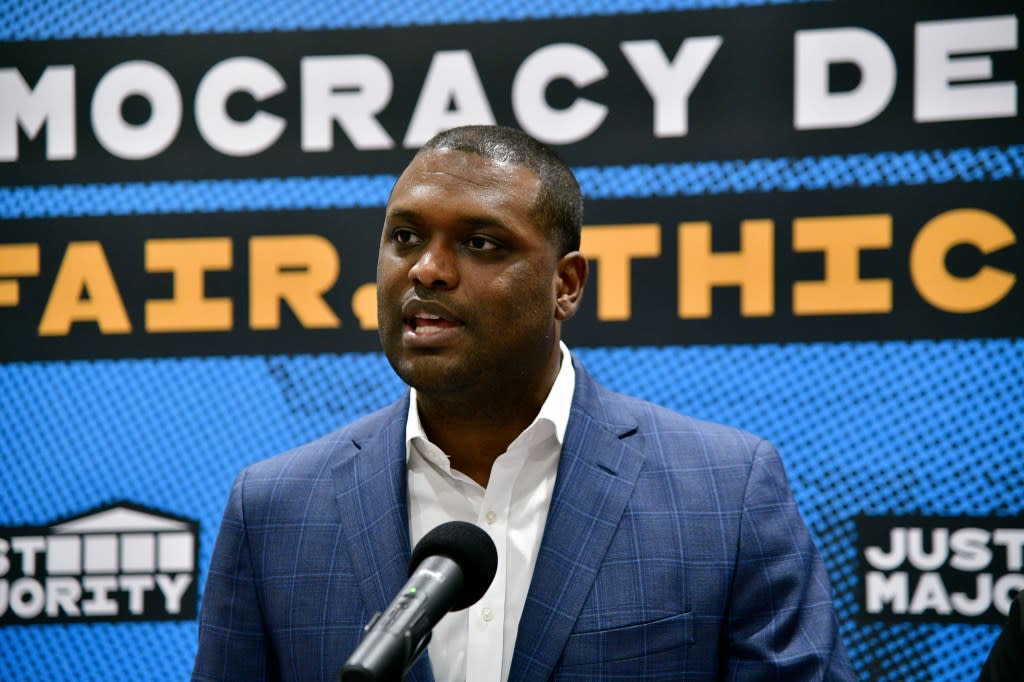 Mondaire Jones speaks at the “Just Majority” Supreme Court Reform Press Conference With Gun Violence Prevention Advocates on April 30, 2023, in White Plains, New York. (Photo by Eugene Gologursky/Getty Images for Just Majority)