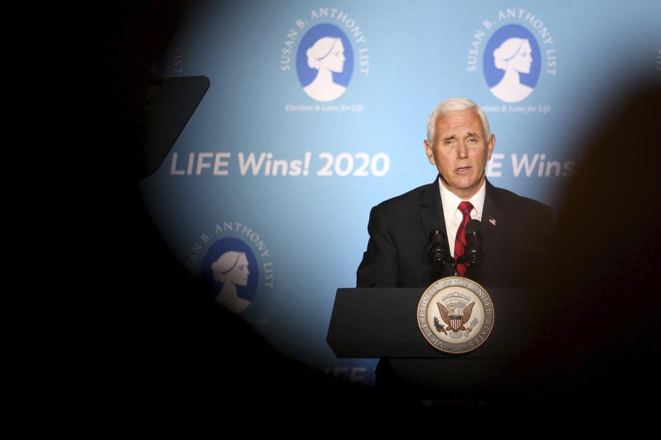 Vice President Mike Pence speaks at Starkey Road Baptist Church in Largo, Fla. on Wednesday Aug. 5, 2020, as part of his 'Faith in America' tour. His visit comes just days after President Donald Trump came to Tampa Bay on Friday for a campaign fundraiser. Pence's speech heralded the Trump Administration's successes and commitment to pro-life issues. (Douglas R. Clifford/Tampa Bay Times via AP)