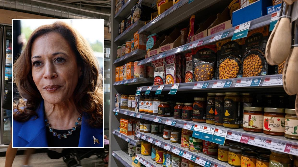 grocey store shelves; Kamala Harris inset