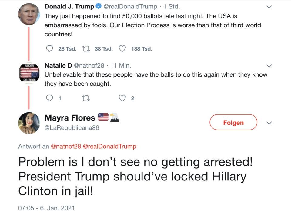 Flores calls for the jailing of Hillary Clinton in response to a tweet from Trump.