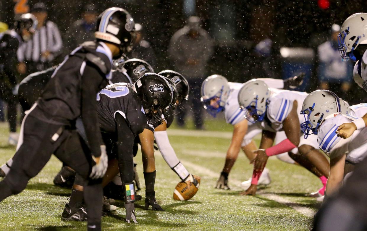 The line of scrimmage Friday, Oct. 13, 2023, at the Marian vs. Saint Joseph football game at Father Bly Field in South Bend.