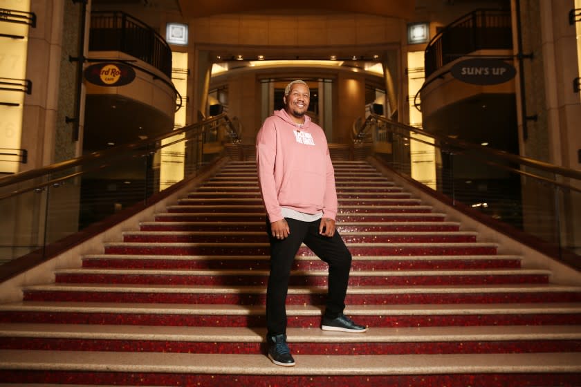 LOS ANGELES, CA - APRIL 13: Travon Free co-directed the Oscar nominated short Two Distant Strangers," a time loops live action short film that sees the subject being killed again and again by a police officer, and here stands for a portrait in front of Dolby Theater in Hollywood on Tuesday, April 13, 2021 in Los Angeles, CA. (Dania Maxwell / Los Angeles Times)