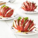<p>Use the hasselback technique to upgrade plain caprese salad with this fun twist! Cutting partially into the whole tomato creates openings to layer in fresh mozzarella cheese, basil and a balsamic drizzle for tons of flavor in this unique vegetable side dish recipe.</p>