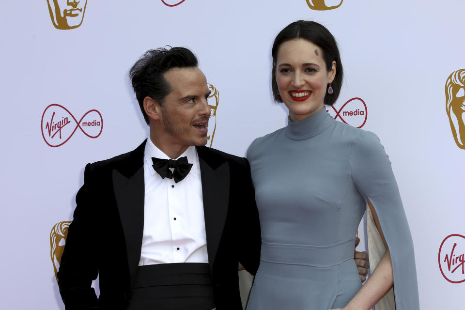 Actor Andrew Scott and writer Phoebe Waller-Bridge pose for photographers on arrival at the 2019 BAFTA Television Awards in London, Sunday, May 12, 2019.(Photo by Grant Pollard/Invision/AP)