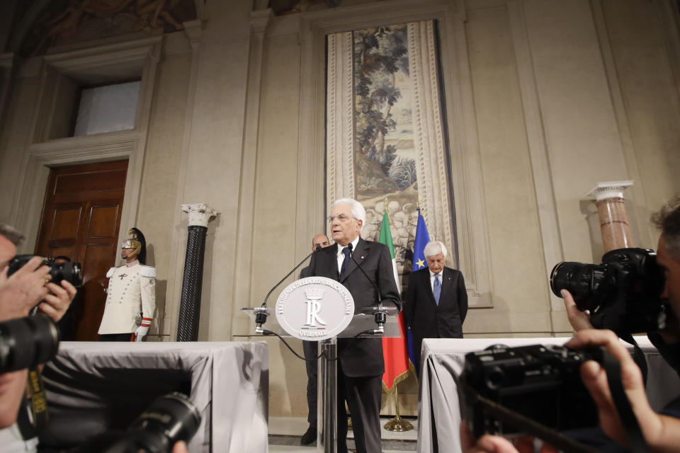 Italian President Sergio Mattarella meets reporters at Rome's Quirinale presidential palace, Thursday, Aug. 22, 2019. Mattarella continued receiving political leaders Thursday, to explore if a solid majority with staying power exists in Parliament for a new government that could win the required confidence vote. (AP Photo/Alessandra Tarantino)