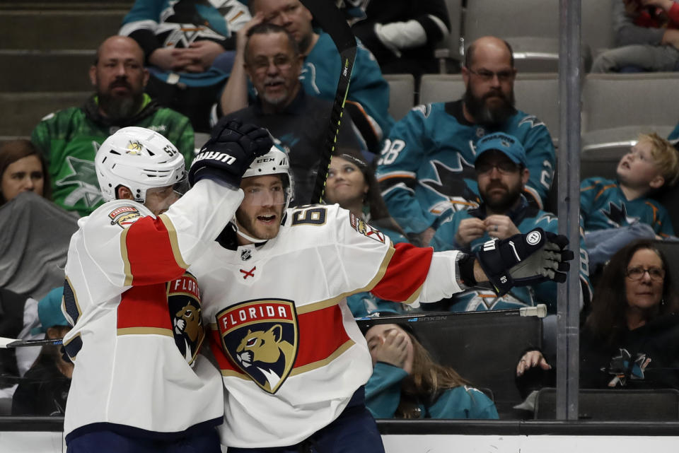 Florida Panthers' Mike Hoffman, right, celebrates after scoring a goal against the San Jose Sharks in the second period of an NHL hockey game Monday, Feb. 17, 2020, in San Jose, Calif. (AP Photo/Ben Margot)