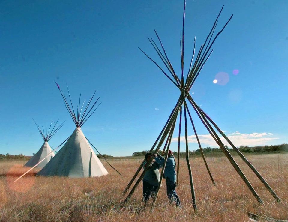 James Black Bear Jr., a full-blood Cheyenne, directs his relatives in erecting three tepees along the banks of the Washita River near Cheyenne, Okla., Saturday, Nov. 1, 1997. This was the first time that tepees have stood along the river banks since Lt. Col. George Custer's troop attacked and massacred sleeping Indians in Black Kettle's village. There was an American and white truce flag flying over the village, stating that Black Kettle was seeking peace. The tepees were erected in honor of the Washita Battlefield being named as a national historical site.