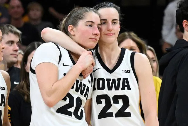 <p>Keith Gillett/Icon Sportswire via AP Images)</p> From Left: Kate Martin and Caitlin Clark after a game in March 2024
