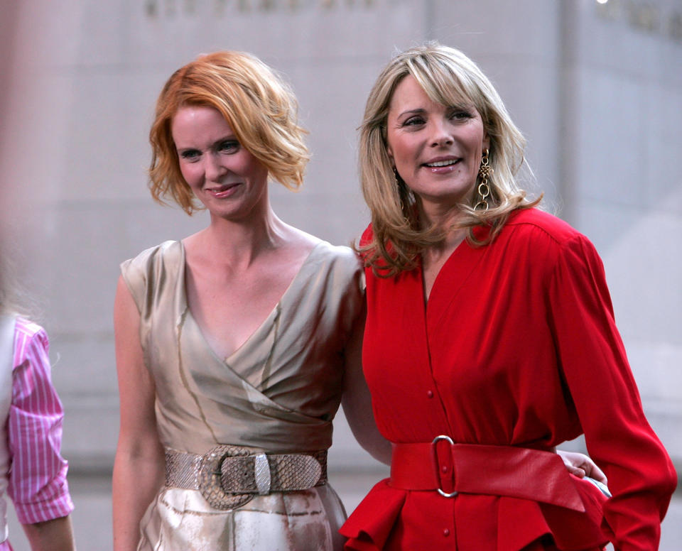 Cynthia Nixon and Kim Cattrall on the set of "Sex In The City: The Movie." (Photo: James Devaney via Getty Images)