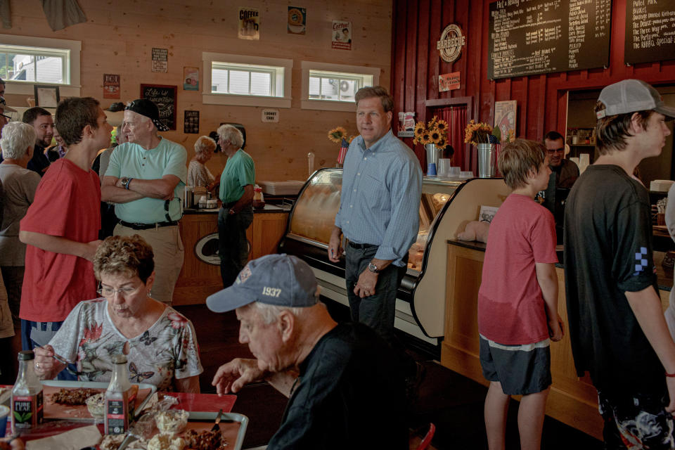 Image: Sununu visits Rubbin' Butts BBQ in Center Harbor, N.H. (John Tully / for NBC News)