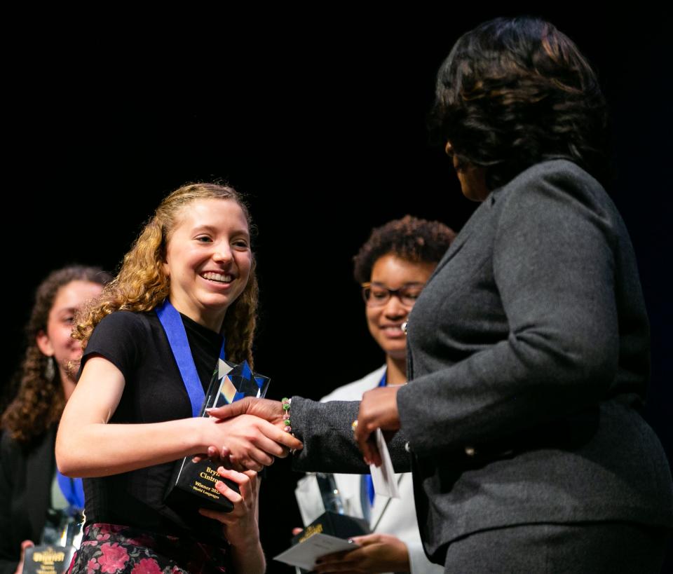 Bryn Cintron, a senior at Chiles High School, accepts the first place award in the World Languages category. High school seniors from Leon County Schools were recognized for their academic achievements in 15 categories during the 18th Best & Brightest ceremony at the Ruby Diamond Concert Hall on Wednesday, May 17, 2023. 