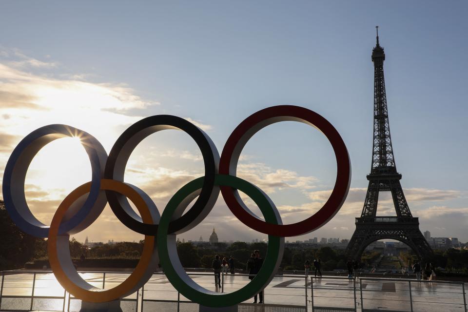 The Olympic rings installed on the Esplanade du Trocadero near the Eiffel tower following the Paris' nomination as host for the 2024 Olympics, are pictured on Sept. 14, 2017 in Paris.