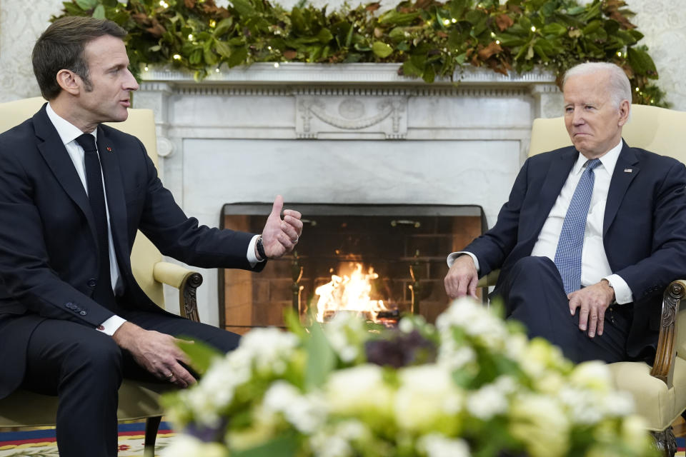 President Joe Biden meets with French President Emmanuel Macron in the Oval Office of the White House in Washington, Thursday, Dec. 1, 2022, during a State Visit. (AP Photo/Andrew Harnik)