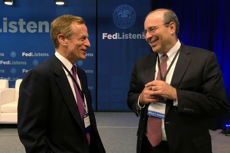 FILE PHOTO: Richmond Federal Reserve Bank President Thomas Barkin and Dallas Federal Reserve Bank President Robert Kaplan speak at the Chicago Federal Reserve Bank