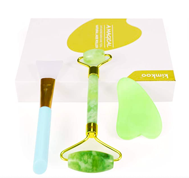Kimkoo 3-in-1 Jade Roller, Jade Gua Sha Massage Tool and Silicone Mask Brush Set