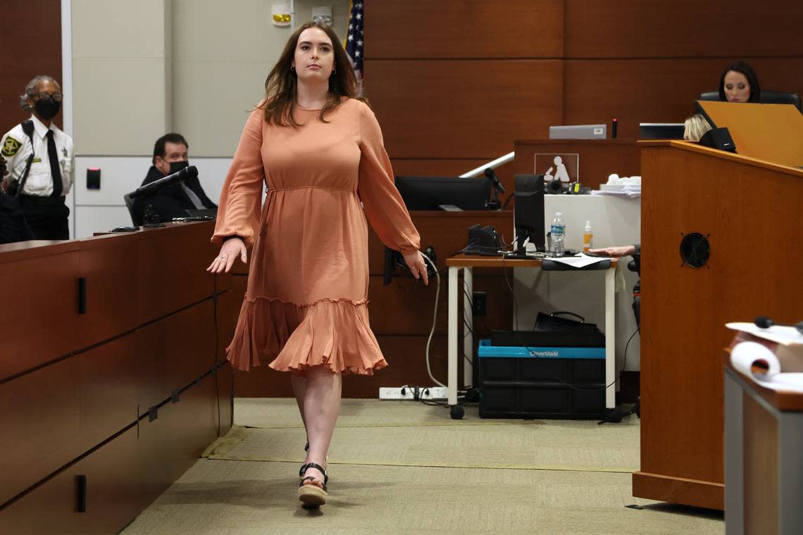 Former Marjory Stoneman Douglas High School student Madeline Wilford leaves the witness stand after she described how her classroom was attacked and she was shot. Shooter Nikolas Cruz is in the penalty phase of his trial at the Broward County Courthouse in Fort Lauderdale on Wednesday, July 20, 2022. He previously pleaded guilty to 17 counts of premeditated murder and 17 counts of attempted murder in the 2018 shooting.