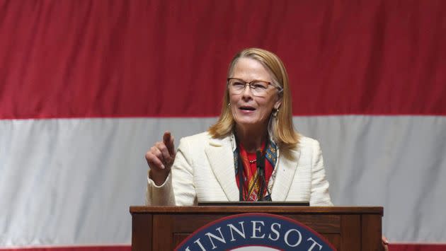 Attorney Kim Crockett addresses delegates in Rochester, Minnesota, after winning the Minnesota Republican Party's endorsement for secretary of state on May 13. (Photo: Dave Orrick/MediaNews Group/St. Paul Pioneer Press via Getty Images)