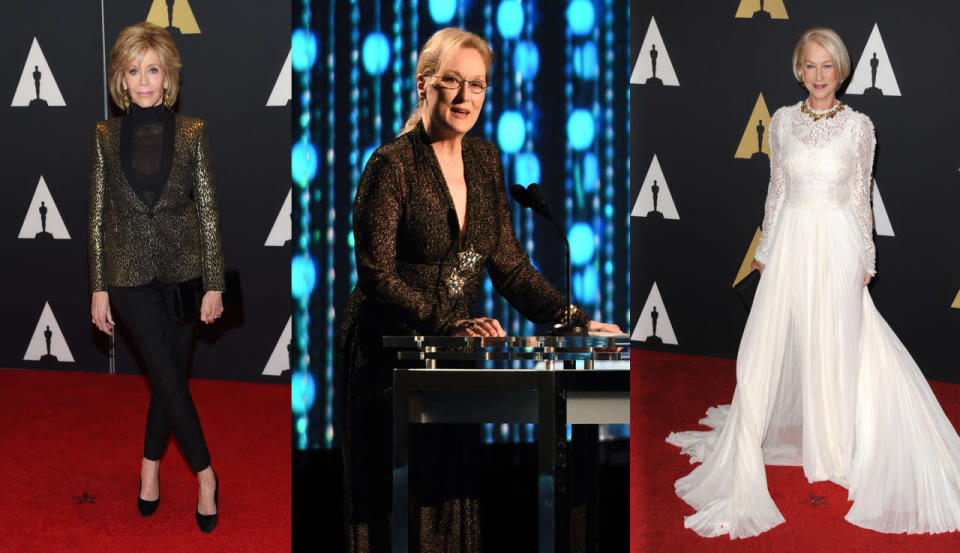 We think you’ll agree that this trio of acting legends donned some of the best looks of the night. [Photo: Rex/Yahoo Style UK]