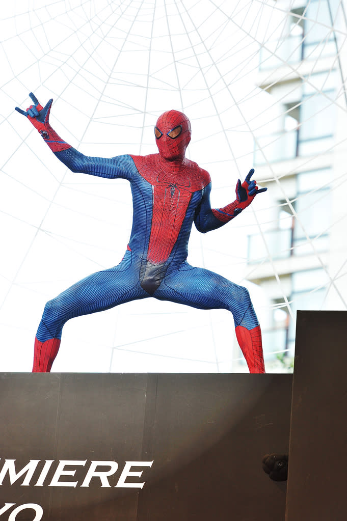 A performer dressed as Spider-Man poses at the world premiere of 'The Amazing Spider-Man' at Roppongi Hills on June 13, 2012 in Tokyo, Japan.