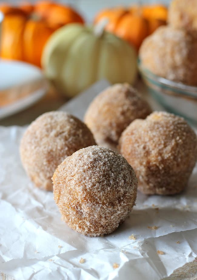 <p>Mini pumpkin doughnut bites are smothered in layers of cinnamon sugar. It doesn't get any better — or cozier — than that.</p><p><strong>Get the recipe at <a href="http://damndelicious.net/2012/10/26/recipe-from-the-archives-pumpkin-donut-holes/" rel="nofollow noopener" target="_blank" data-ylk="slk:Damn Delicious;elm:context_link;itc:0;sec:content-canvas" class="link ">Damn Delicious</a>.</strong></p>