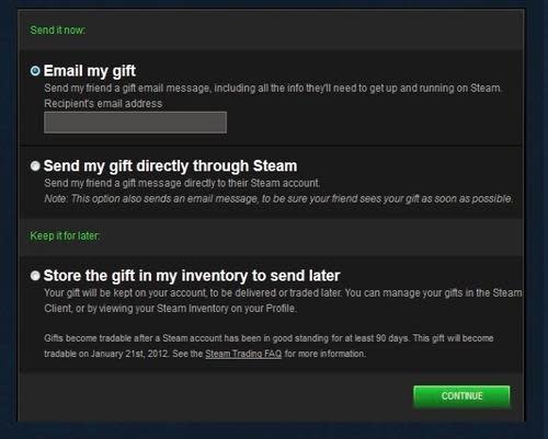 Email my gift screen on Steam