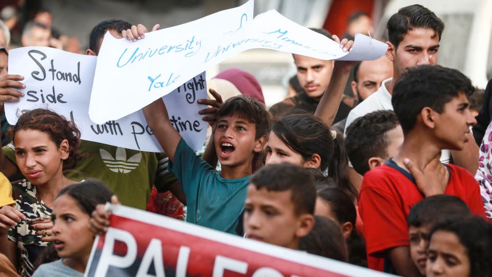 Palestinians in Deir el-Balah stage a rally to thank pro-Palestinian student protesters in the US on May 1. - AfP/Getty Images