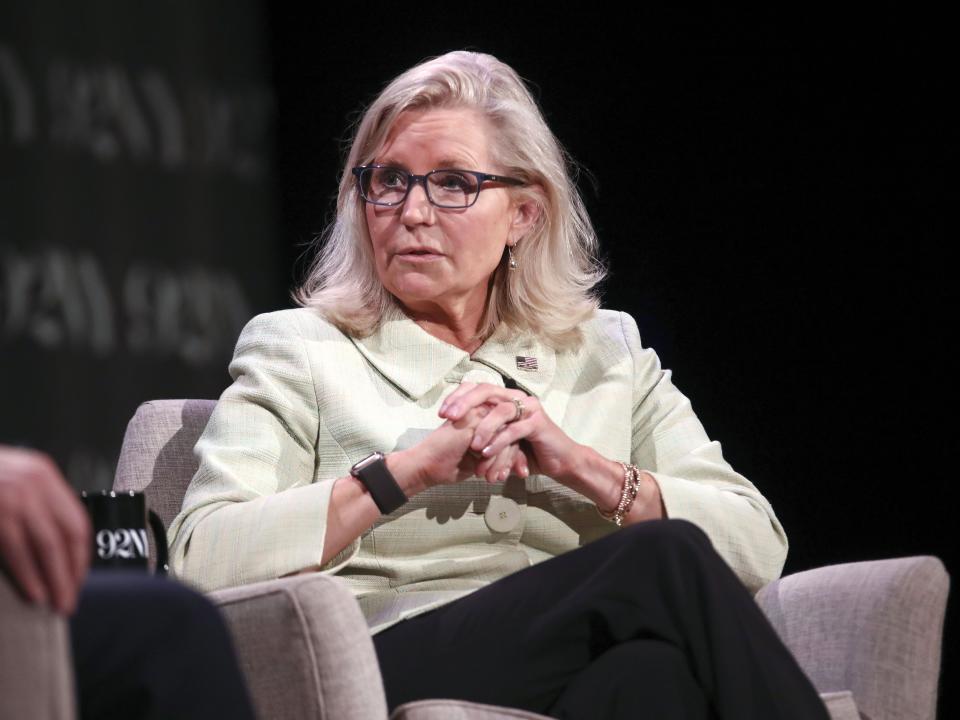 Former Congresswoman Liz Cheney appears onstage in conversation with David Rubenstein at the 92nd Street Y on Monday, June 26, 2023, in New York. | Andy Kropa, Associated Press