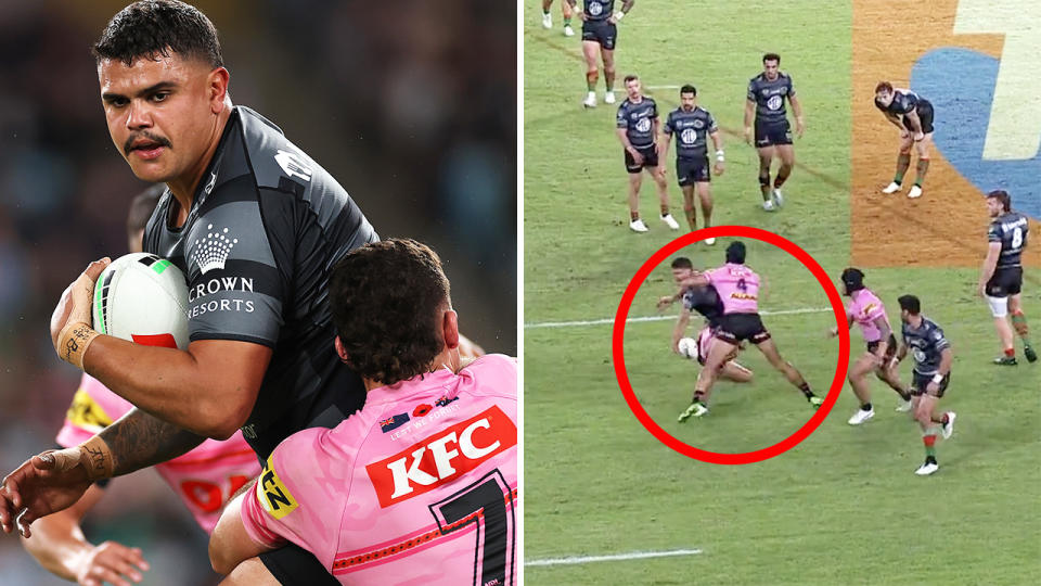 Latrell Mitchell runs the ball on the left and is highlighted throwing a flick pass on the right.