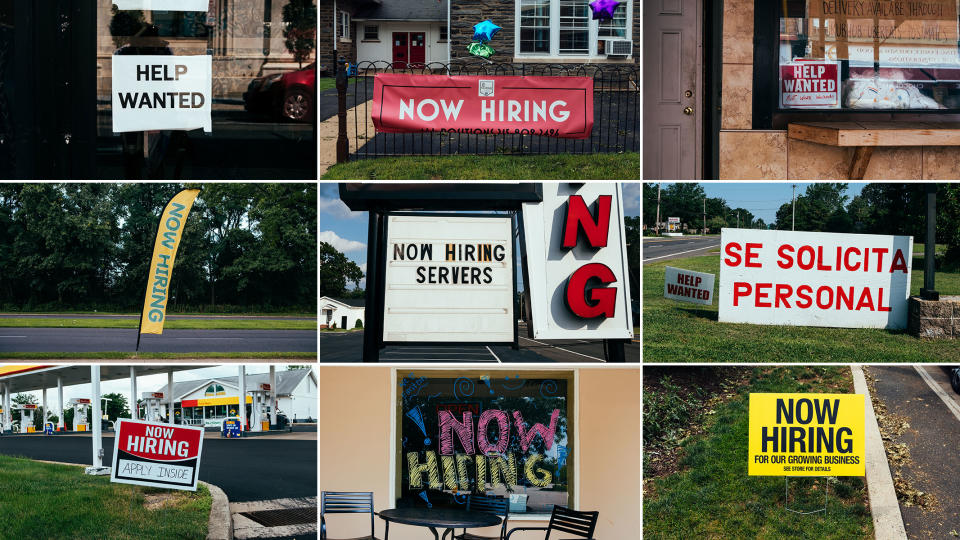 Over 10 million jobs are unfilled in the U.S.; signs like these, seen in New Jersey and Pennsylvania, paper the country.<span class="copyright">Michelle Gustafson</span>