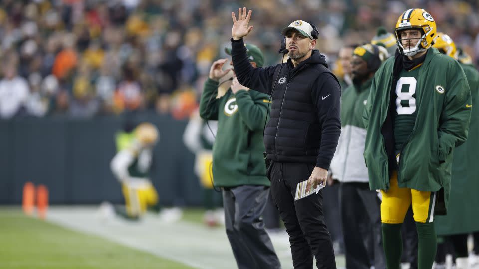 Matt LaFleur reacts during the first half of the game against the Bears. - John Fisher/Getty Images