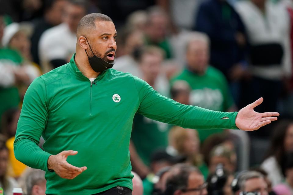 Boston Celtics coach Ime Udoka reacts during the fourth quarter of Game 6 of basketball's NBA Finals against the Golden State Warriors, Thursday, June 16, 2022, in Boston.