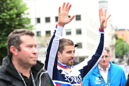 Peter Sagan of Slovakia reacts after winning Men Elite Road Race at the UCI 2017 Road World Championship, in Bergen, Norway. NTB SCANPIX/Marit Hommedal via REUTERS