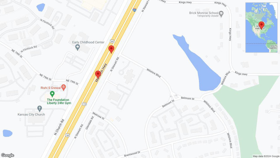 A detailed map that shows the affected road due to 'Broken down vehicle on northbound I-35 in Liberty' on January 4th at 5:07 p.m.