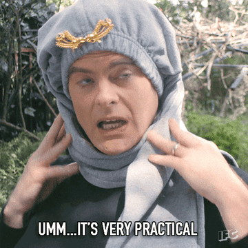 Bill Hader GIF with sweatpants scarf saying "Umm...it's very practical"