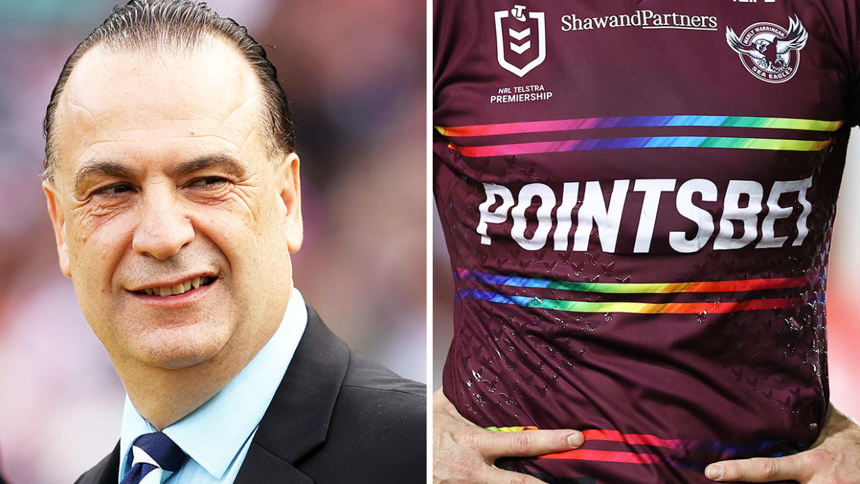 Peter V'landys is pictured left, with a shot of the 2022 Manly Pride jersey on the right.