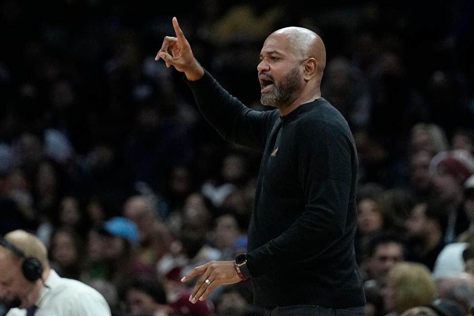 Cavaliers coach J.B. Bickerstaff gestures in the second half against the Detroit Pistons on Nov. 17, 2023, in Cleveland.