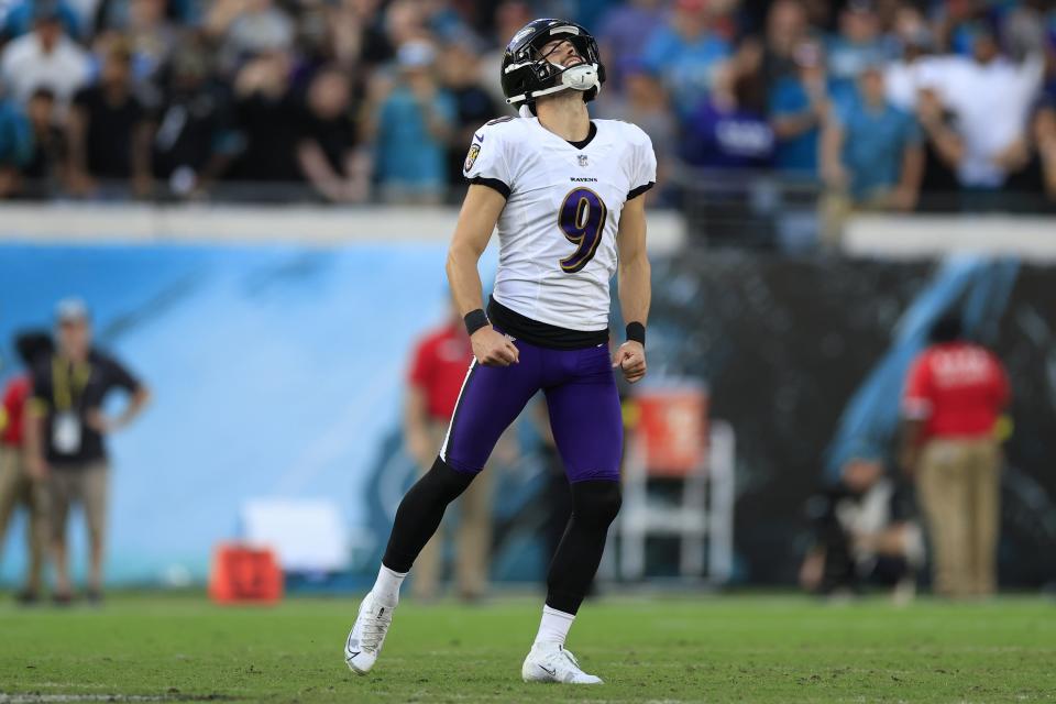 Baltimore Ravens place kicker Justin Tucker (9) reacts to his missed field goal during the fourth quarter of a regular season NFL football matchup Sunday, Nov. 27, 2022 at TIAA Bank Field in Jacksonville. The Jaguars edged the Ravens 28-27. [Corey Perrine/Florida Times-Union]