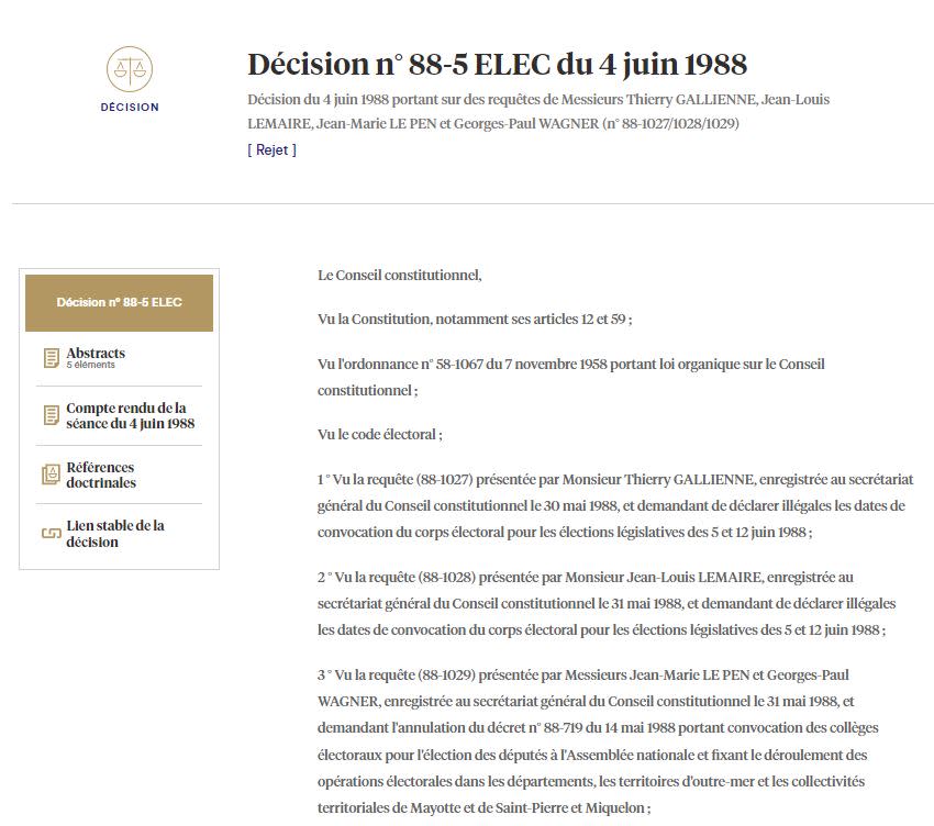 <span>Capture d'écran, réalisée le 11 juin 2024, de la décision du 4 juin 1988 du Conseil constitutionnel</span>